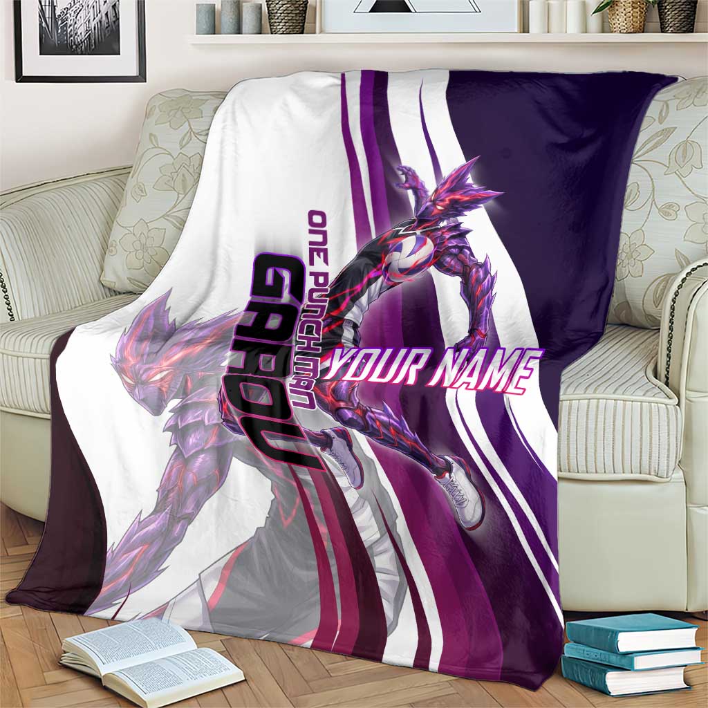 Personalized Garou Monster Volleyball Design Blanket with Dynamic Pose, Purple and White Diagonal Stripes Featuring One Punch Man Anime Theme