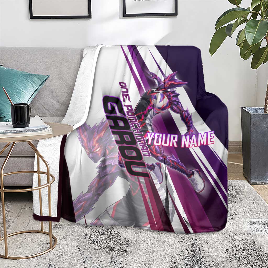 Personalized Garou Monster Volleyball Design Blanket with Dynamic Pose, Purple and White Diagonal Stripes Featuring One Punch Man Anime Theme
