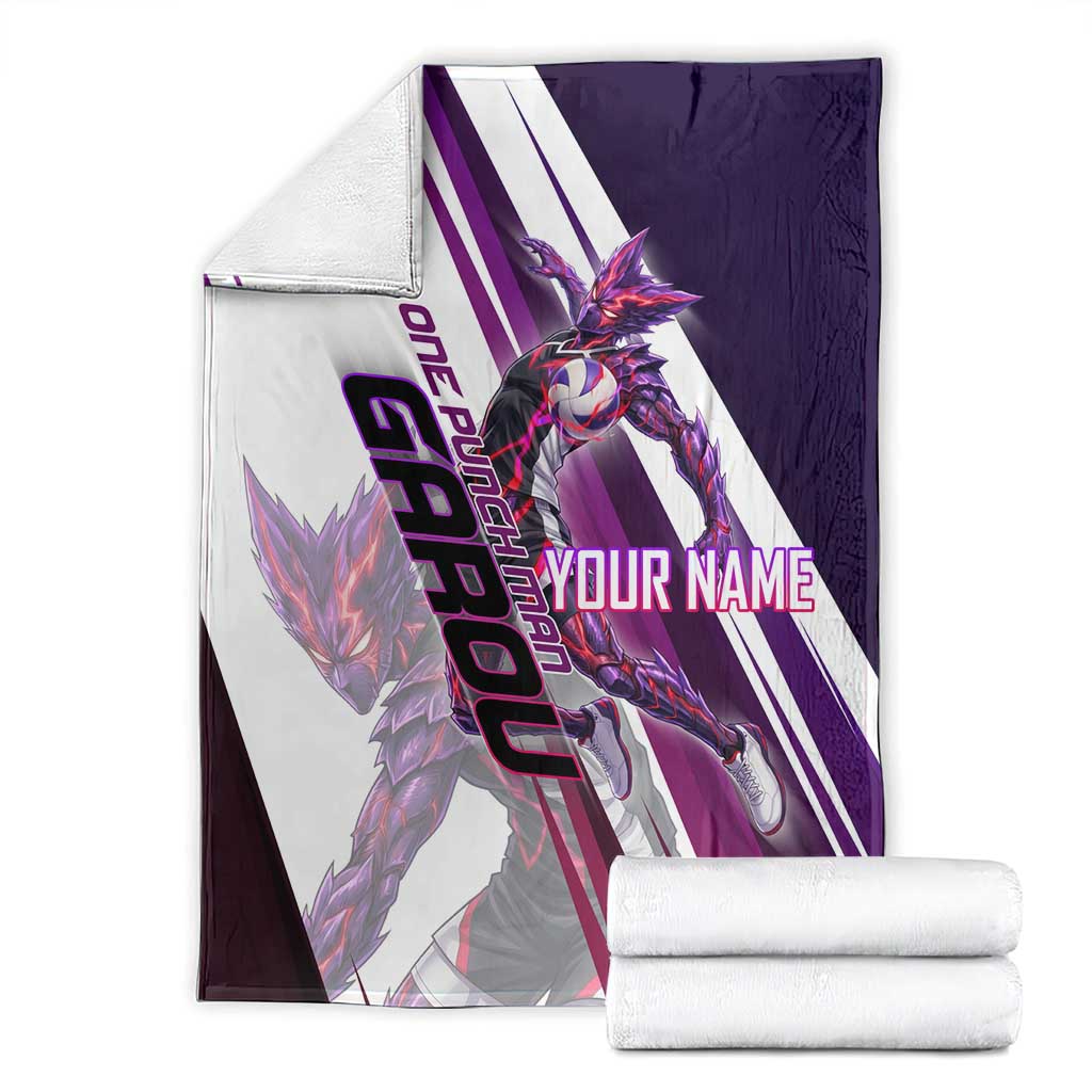 Personalized Garou Monster Volleyball Design Blanket with Dynamic Pose, Purple and White Diagonal Stripes Featuring One Punch Man Anime Theme
