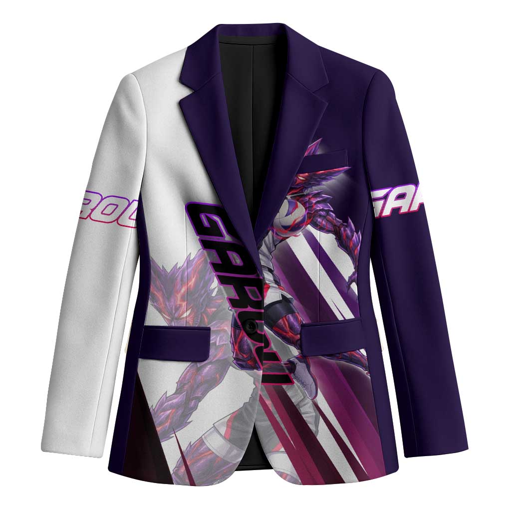 Personalized Garou Monster Volleyball Design Blazer with Dynamic Pose, Purple and White Diagonal Stripes Featuring One Punch Man Anime Theme