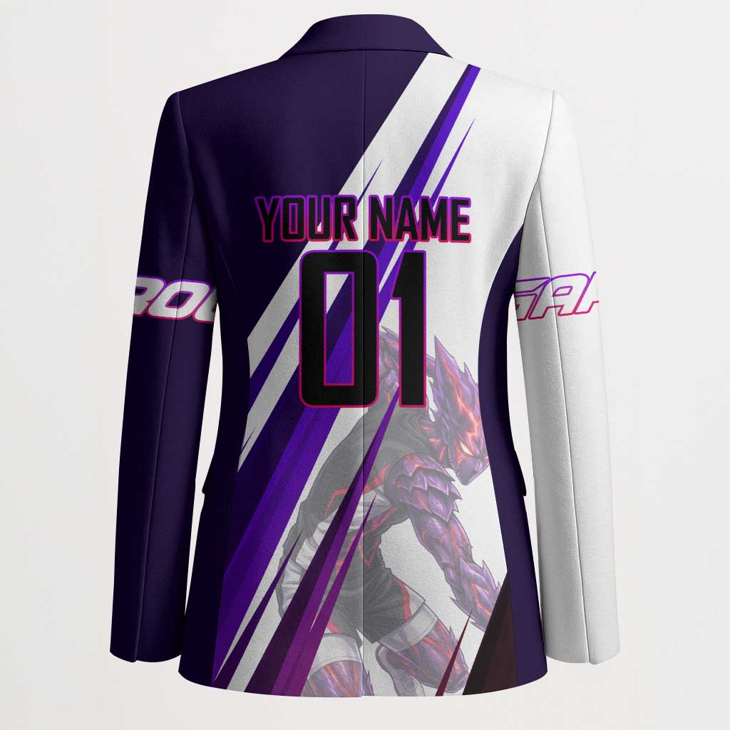 Personalized Garou Monster Volleyball Design Blazer with Dynamic Pose, Purple and White Diagonal Stripes Featuring One Punch Man Anime Theme