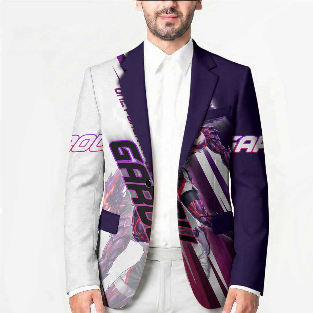 Personalized Garou Monster Volleyball Design Blazer with Dynamic Pose, Purple and White Diagonal Stripes Featuring One Punch Man Anime Theme