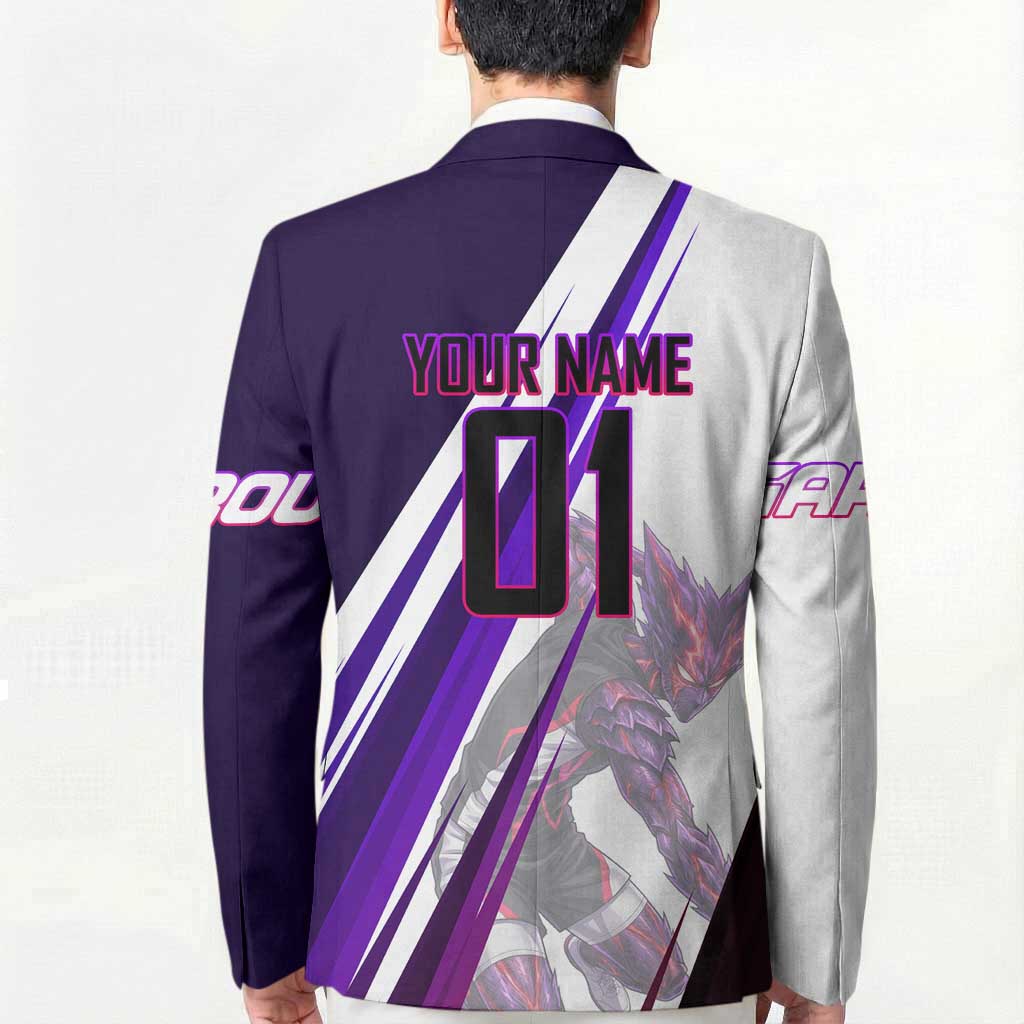 Personalized Garou Monster Volleyball Design Blazer with Dynamic Pose, Purple and White Diagonal Stripes Featuring One Punch Man Anime Theme