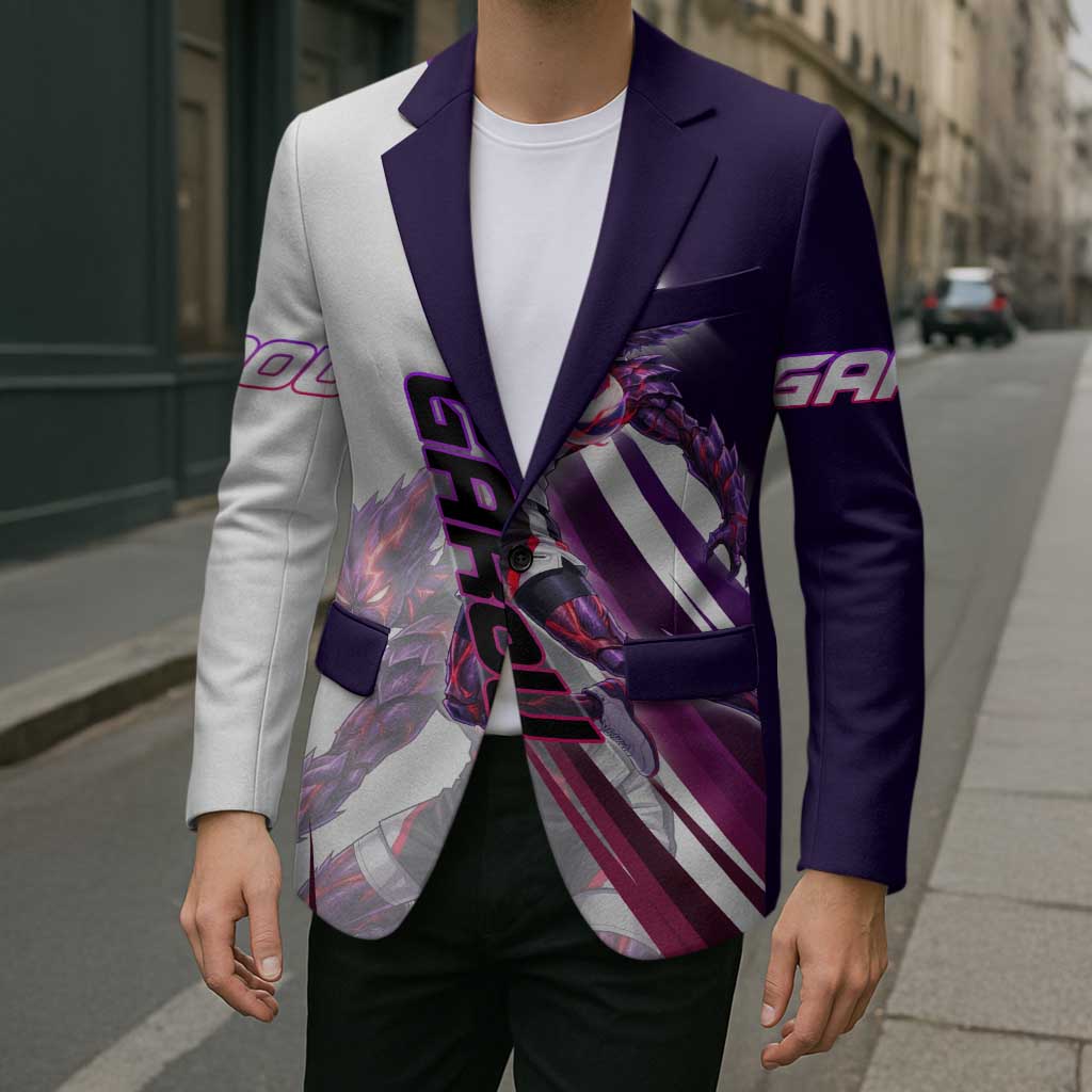 Personalized Garou Monster Volleyball Design Blazer with Dynamic Pose, Purple and White Diagonal Stripes Featuring One Punch Man Anime Theme