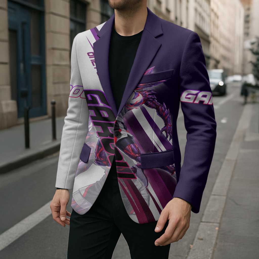 Personalized Garou Monster Volleyball Design Blazer with Dynamic Pose, Purple and White Diagonal Stripes Featuring One Punch Man Anime Theme