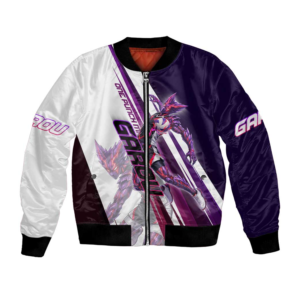 Personalized Garou Monster Volleyball Design Bomber Jacket with Dynamic Pose, Purple and White Diagonal Stripes Featuring One Punch Man Anime Theme