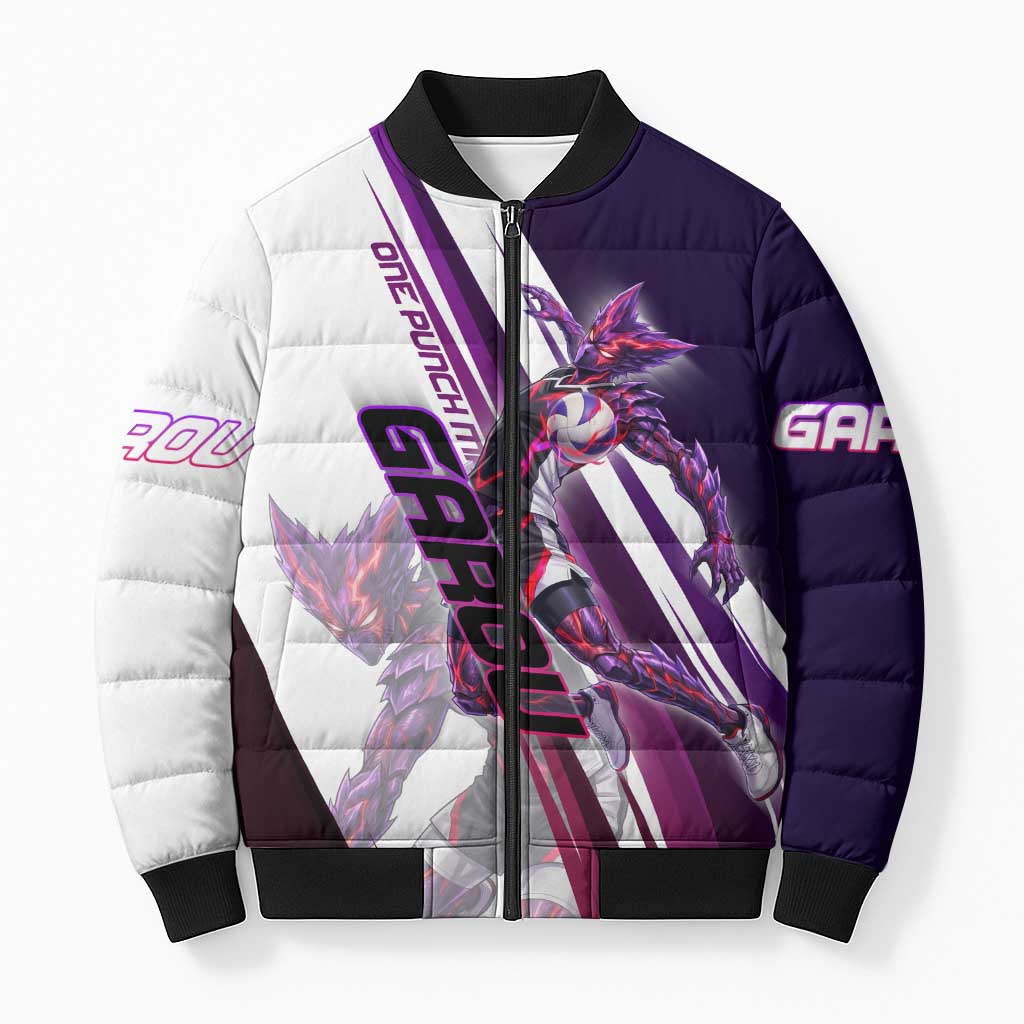 Personalized Garou Monster Volleyball Design Bomber Puffer Jacket with Dynamic Pose, Purple and White Diagonal Stripes Featuring One Punch Man Anime Theme