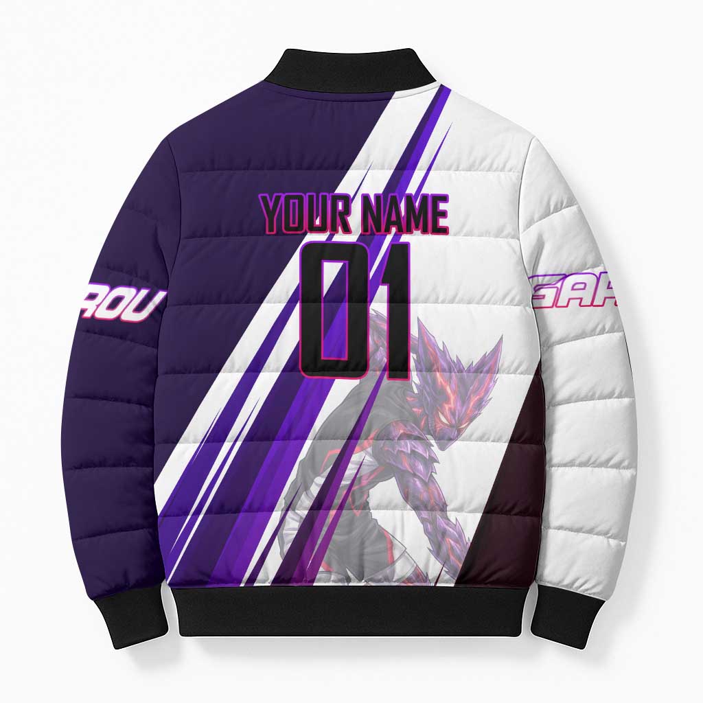 Personalized Garou Monster Volleyball Design Bomber Puffer Jacket with Dynamic Pose, Purple and White Diagonal Stripes Featuring One Punch Man Anime Theme