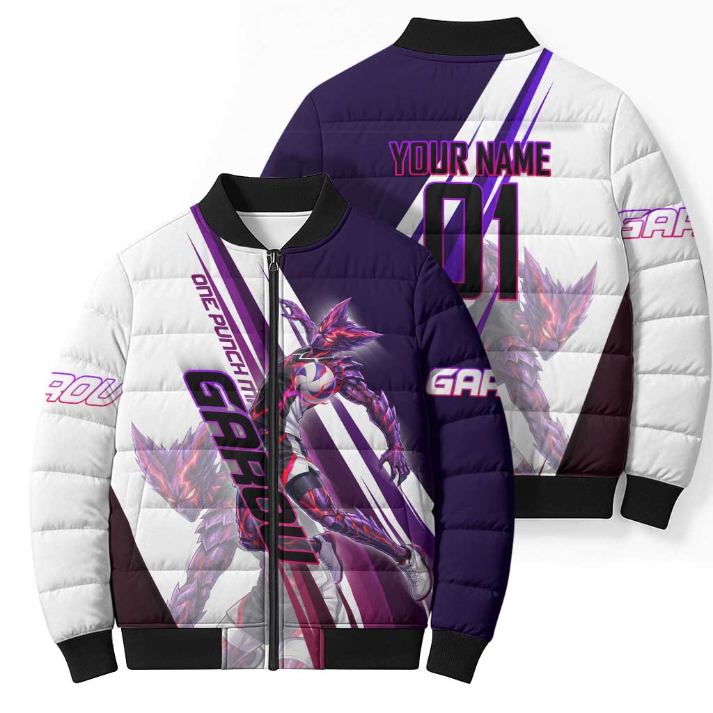 Personalized Garou Monster Volleyball Design Bomber Puffer Jacket with Dynamic Pose, Purple and White Diagonal Stripes Featuring One Punch Man Anime Theme