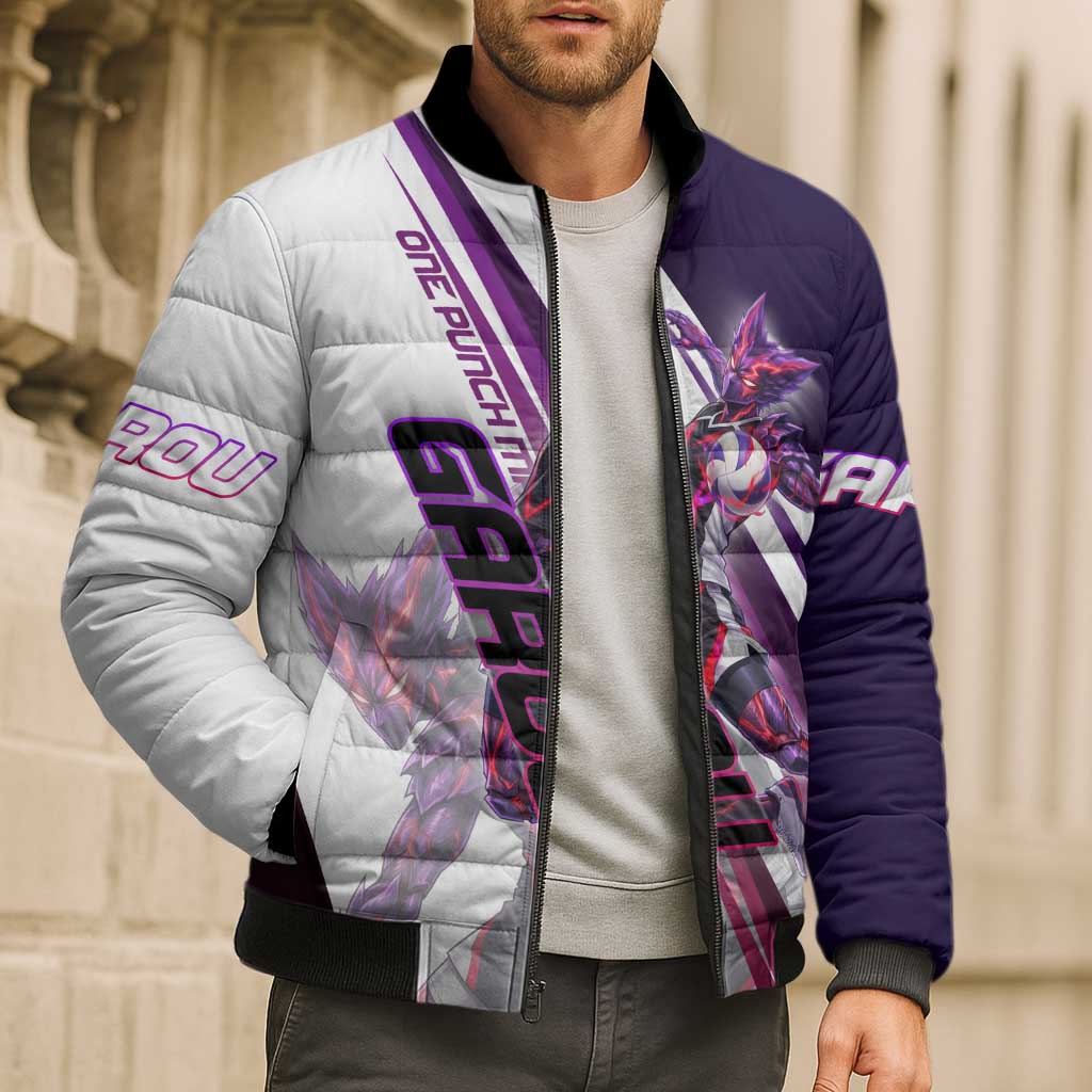 Personalized Garou Monster Volleyball Design Bomber Puffer Jacket with Dynamic Pose, Purple and White Diagonal Stripes Featuring One Punch Man Anime Theme