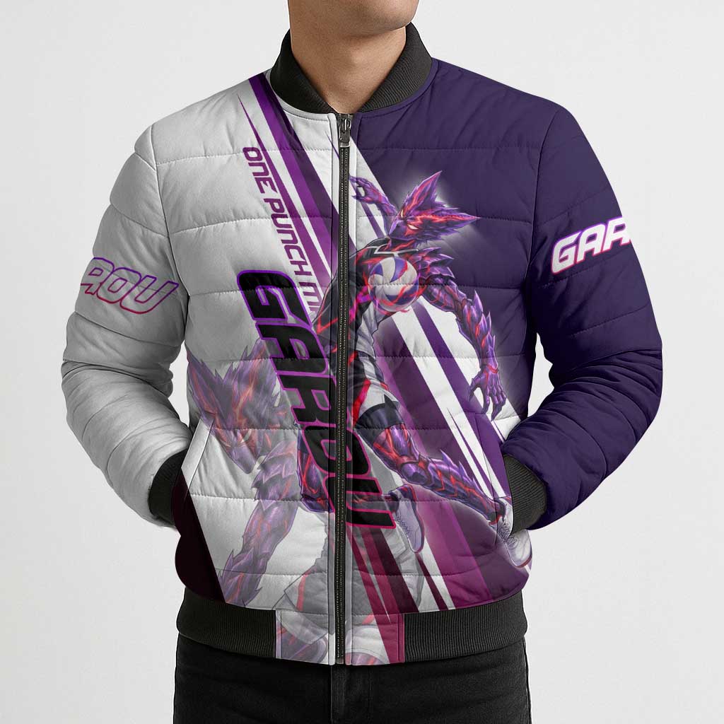 Personalized Garou Monster Volleyball Design Bomber Puffer Jacket with Dynamic Pose, Purple and White Diagonal Stripes Featuring One Punch Man Anime Theme