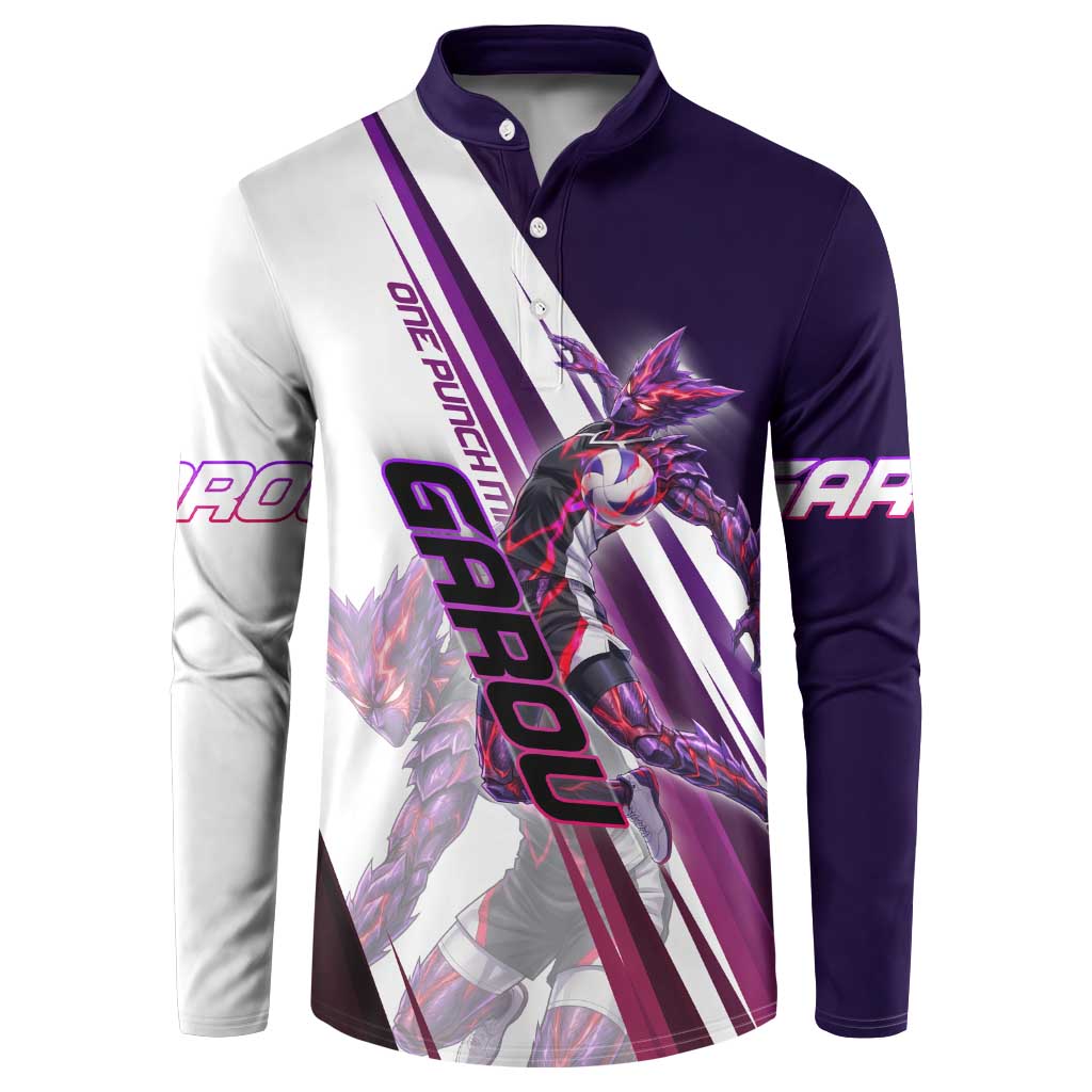 Personalized Garou Monster Volleyball Design Button Sweatshirt with Dynamic Pose, Purple and White Diagonal Stripes Featuring One Punch Man Anime Theme