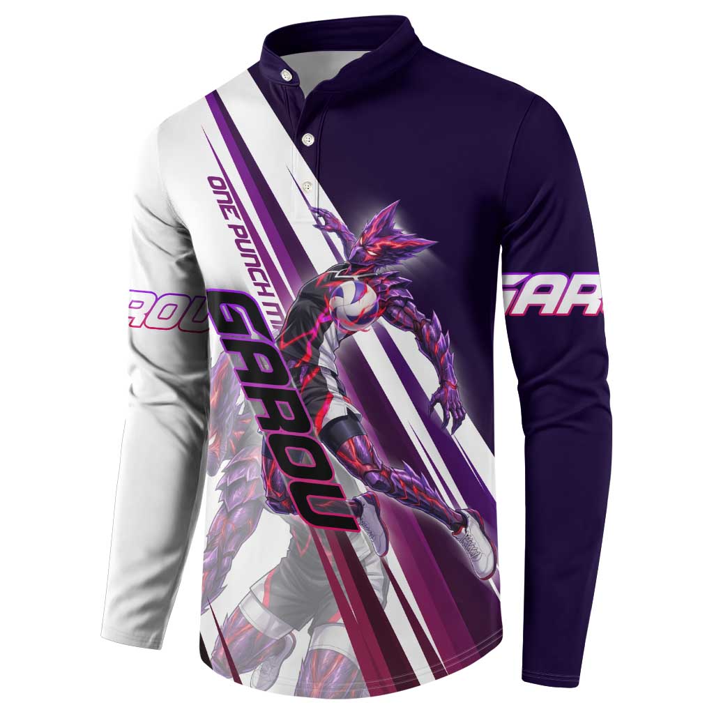 Personalized Garou Monster Volleyball Design Button Sweatshirt with Dynamic Pose, Purple and White Diagonal Stripes Featuring One Punch Man Anime Theme