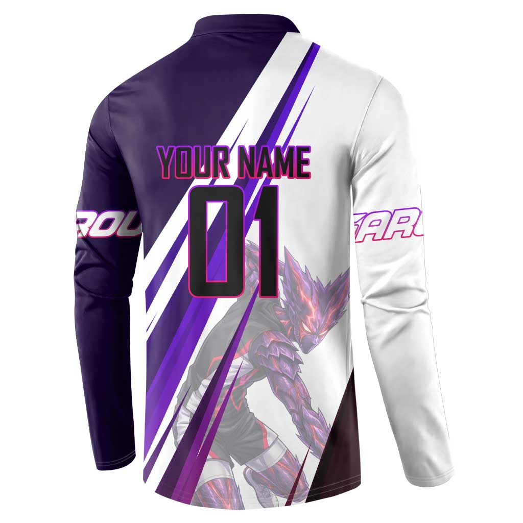 Personalized Garou Monster Volleyball Design Button Sweatshirt with Dynamic Pose, Purple and White Diagonal Stripes Featuring One Punch Man Anime Theme