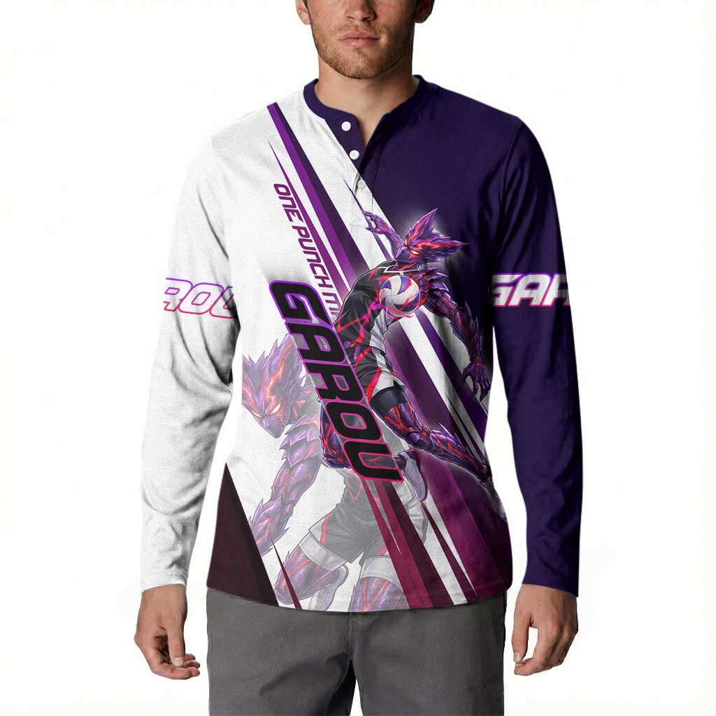 Personalized Garou Monster Volleyball Design Button Sweatshirt with Dynamic Pose, Purple and White Diagonal Stripes Featuring One Punch Man Anime Theme