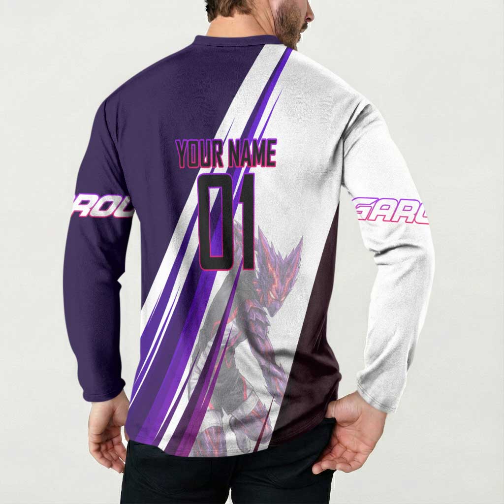 Personalized Garou Monster Volleyball Design Button Sweatshirt with Dynamic Pose, Purple and White Diagonal Stripes Featuring One Punch Man Anime Theme
