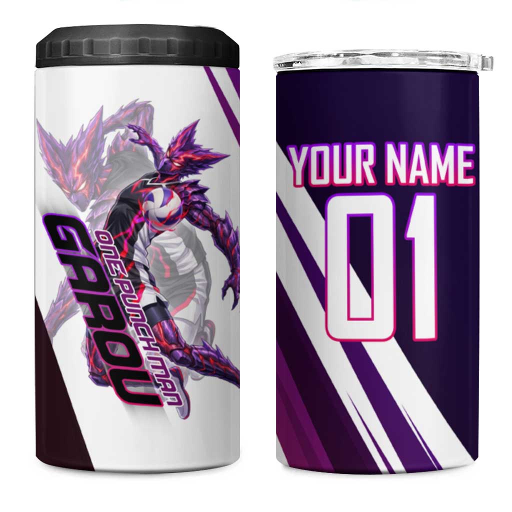 Personalized Garou Monster Volleyball Design 4 in 1 Can Cooler Tumbler with Dynamic Pose, Purple and White Diagonal Stripes Featuring One Punch Man Anime Theme