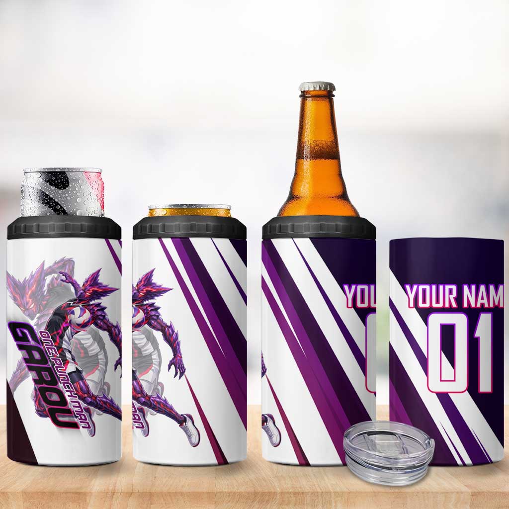 Personalized Garou Monster Volleyball Design 4 in 1 Can Cooler Tumbler with Dynamic Pose, Purple and White Diagonal Stripes Featuring One Punch Man Anime Theme
