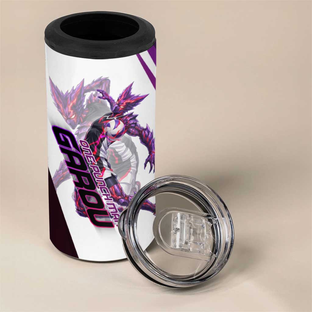 Personalized Garou Monster Volleyball Design 4 in 1 Can Cooler Tumbler with Dynamic Pose, Purple and White Diagonal Stripes Featuring One Punch Man Anime Theme