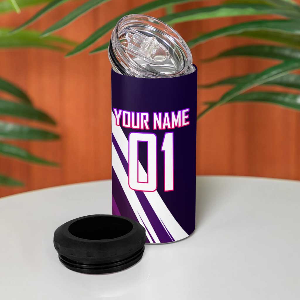 Personalized Garou Monster Volleyball Design 4 in 1 Can Cooler Tumbler with Dynamic Pose, Purple and White Diagonal Stripes Featuring One Punch Man Anime Theme