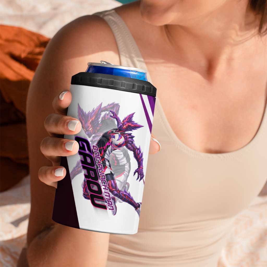 Personalized Garou Monster Volleyball Design 4 in 1 Can Cooler Tumbler with Dynamic Pose, Purple and White Diagonal Stripes Featuring One Punch Man Anime Theme