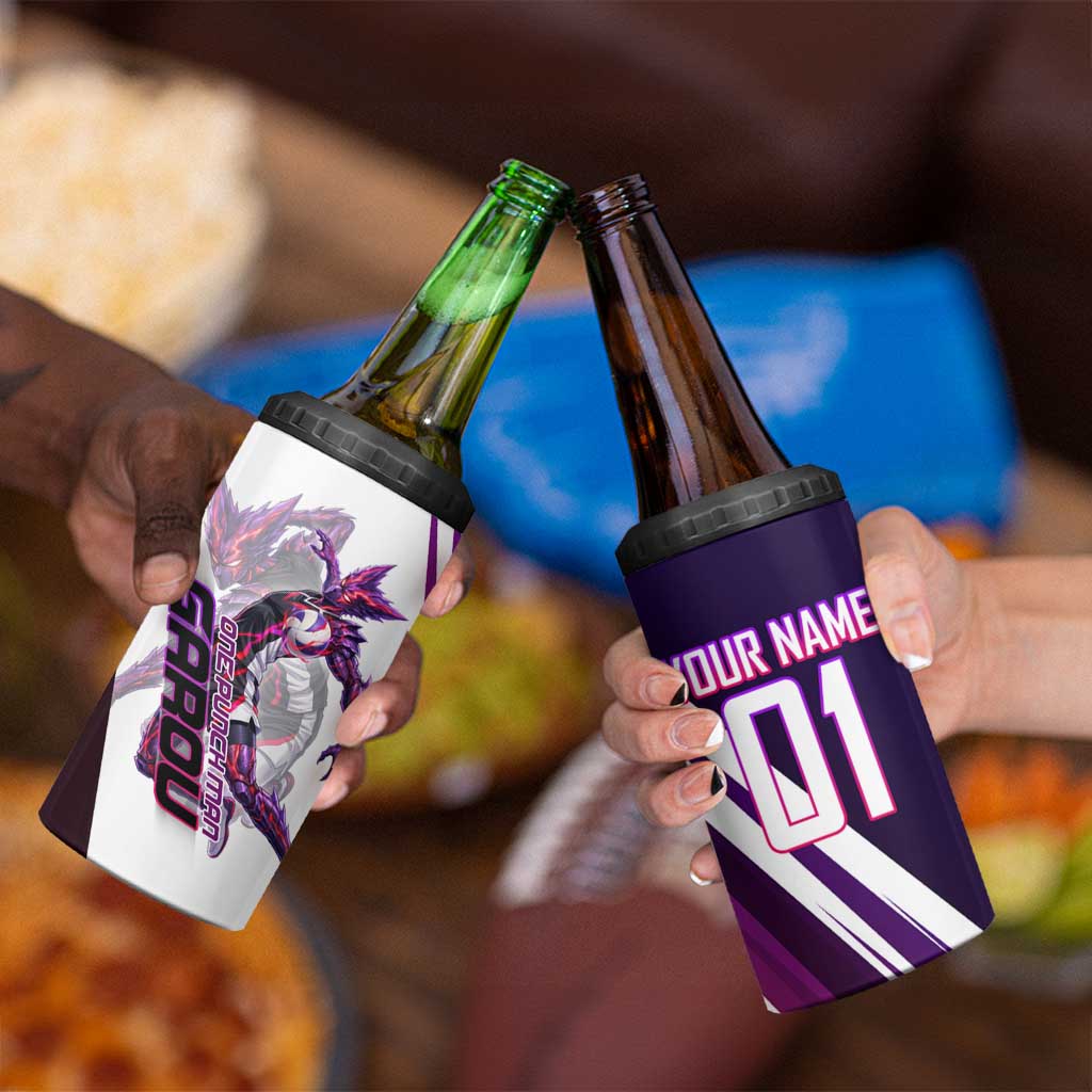 Personalized Garou Monster Volleyball Design 4 in 1 Can Cooler Tumbler with Dynamic Pose, Purple and White Diagonal Stripes Featuring One Punch Man Anime Theme