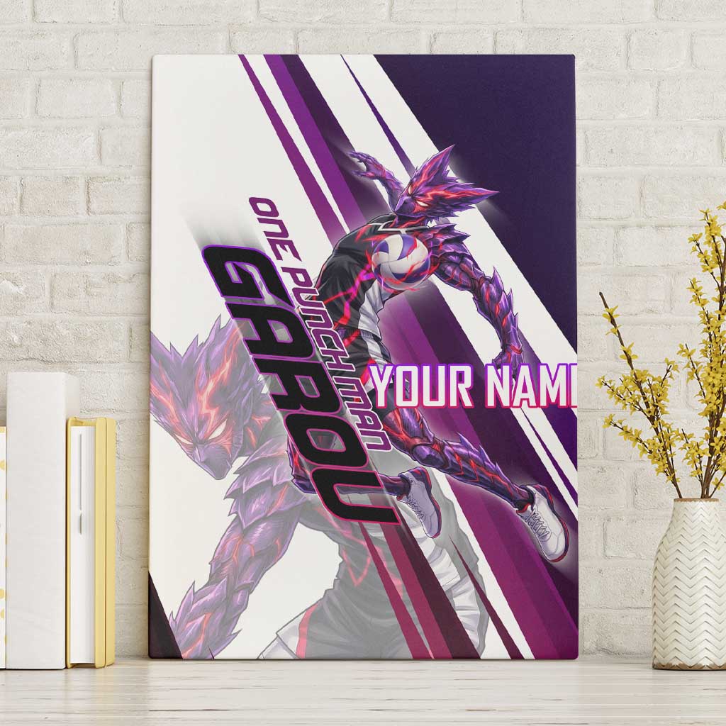 Personalized Garou Monster Volleyball Design Canvas Wall Art with Dynamic Pose, Purple and White Diagonal Stripes Featuring One Punch Man Anime Theme