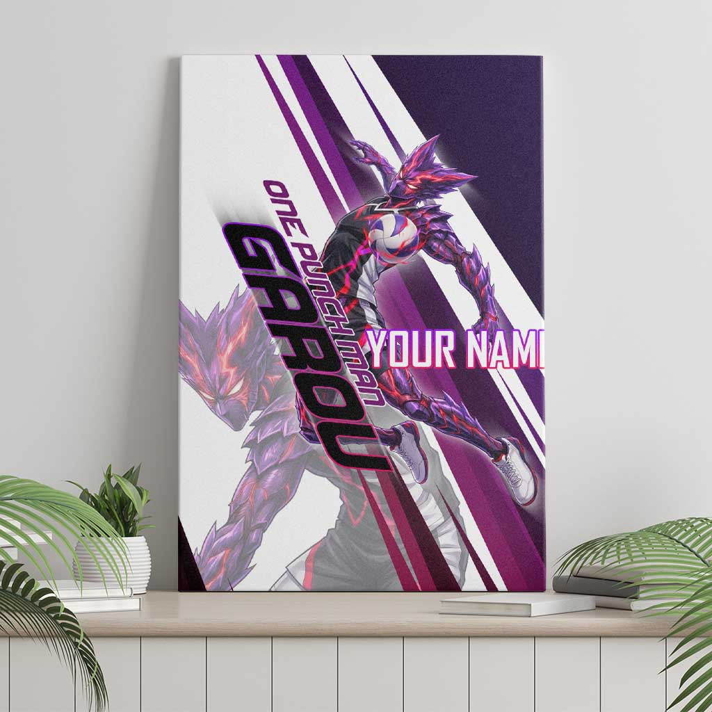 Personalized Garou Monster Volleyball Design Canvas Wall Art with Dynamic Pose, Purple and White Diagonal Stripes Featuring One Punch Man Anime Theme