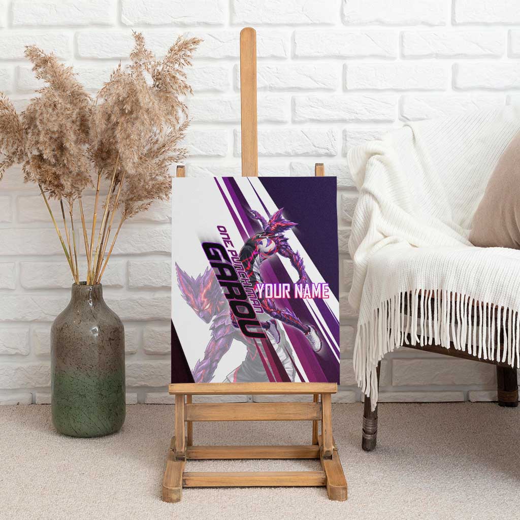 Personalized Garou Monster Volleyball Design Canvas Wall Art with Dynamic Pose, Purple and White Diagonal Stripes Featuring One Punch Man Anime Theme