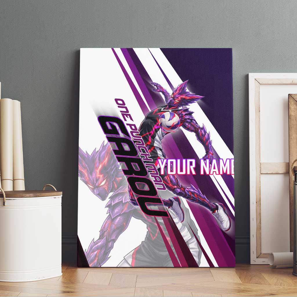 Personalized Garou Monster Volleyball Design Canvas Wall Art with Dynamic Pose, Purple and White Diagonal Stripes Featuring One Punch Man Anime Theme