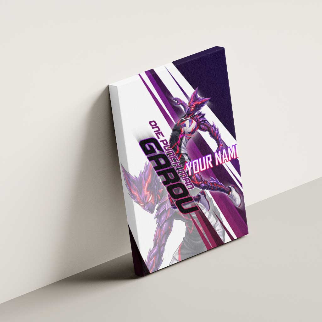Personalized Garou Monster Volleyball Design Canvas Wall Art with Dynamic Pose, Purple and White Diagonal Stripes Featuring One Punch Man Anime Theme