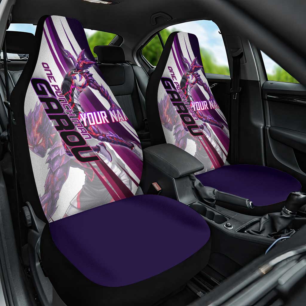 Personalized Garou Monster Volleyball Design Car Seat Cover with Dynamic Pose, Purple and White Diagonal Stripes Featuring One Punch Man Anime Theme