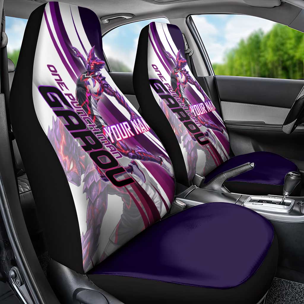 Personalized Garou Monster Volleyball Design Car Seat Cover with Dynamic Pose, Purple and White Diagonal Stripes Featuring One Punch Man Anime Theme
