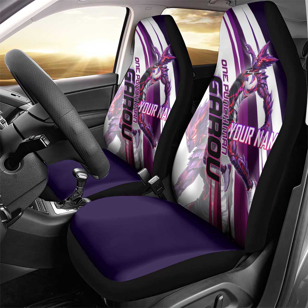 Personalized Garou Monster Volleyball Design Car Seat Cover with Dynamic Pose, Purple and White Diagonal Stripes Featuring One Punch Man Anime Theme
