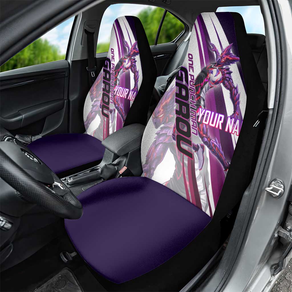 Personalized Garou Monster Volleyball Design Car Seat Cover with Dynamic Pose, Purple and White Diagonal Stripes Featuring One Punch Man Anime Theme