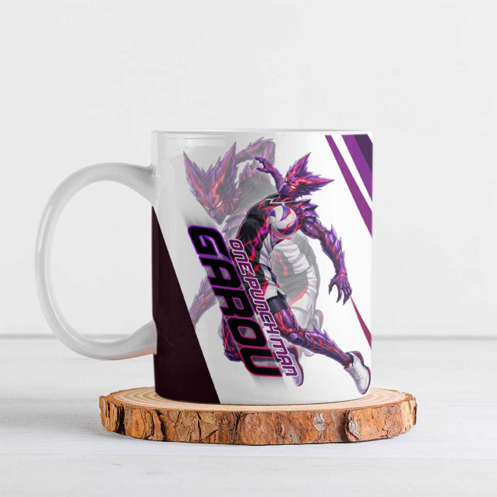 Personalized Garou Monster Volleyball Design Ceramic Mug with Dynamic Pose, Purple and White Diagonal Stripes Featuring One Punch Man Anime Theme