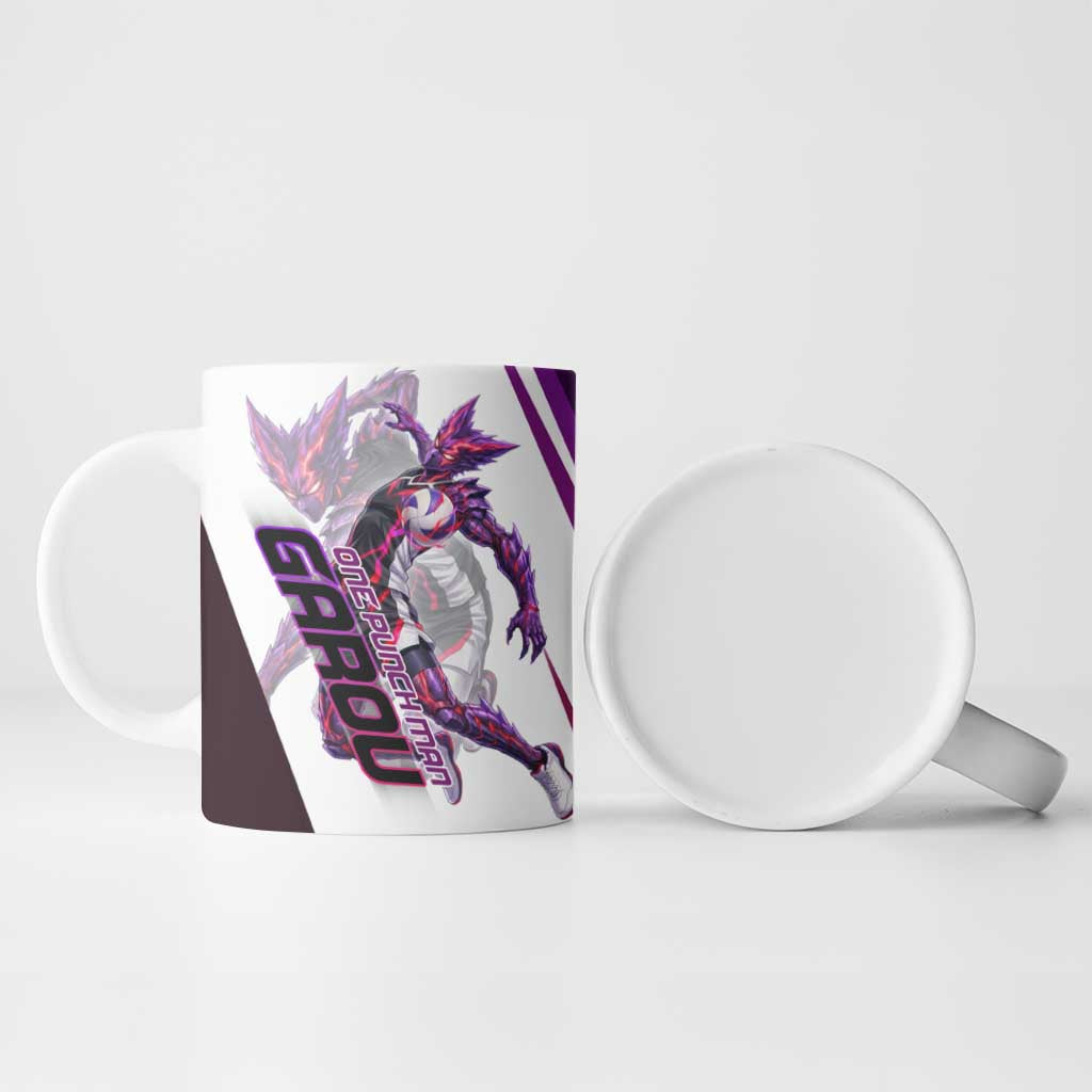 Personalized Garou Monster Volleyball Design Ceramic Mug with Dynamic Pose, Purple and White Diagonal Stripes Featuring One Punch Man Anime Theme