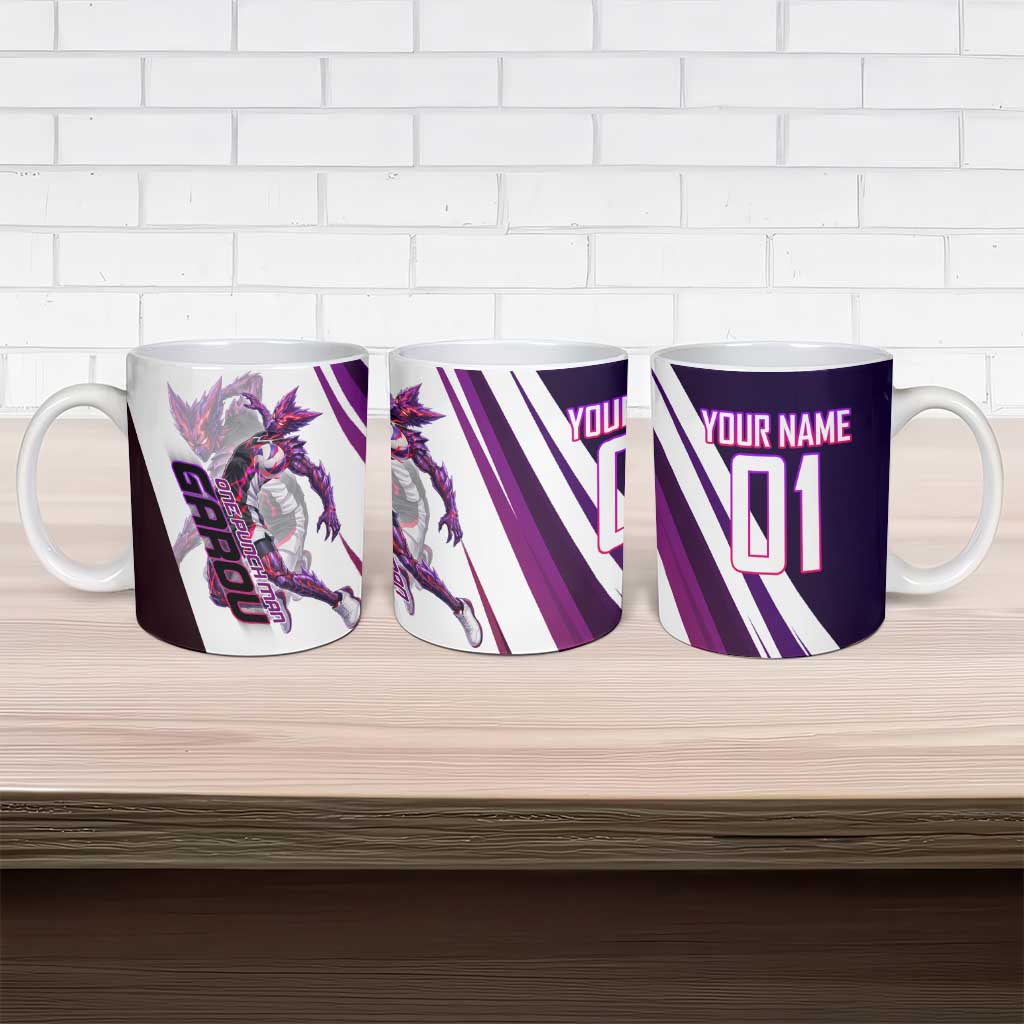 Personalized Garou Monster Volleyball Design Ceramic Mug with Dynamic Pose, Purple and White Diagonal Stripes Featuring One Punch Man Anime Theme