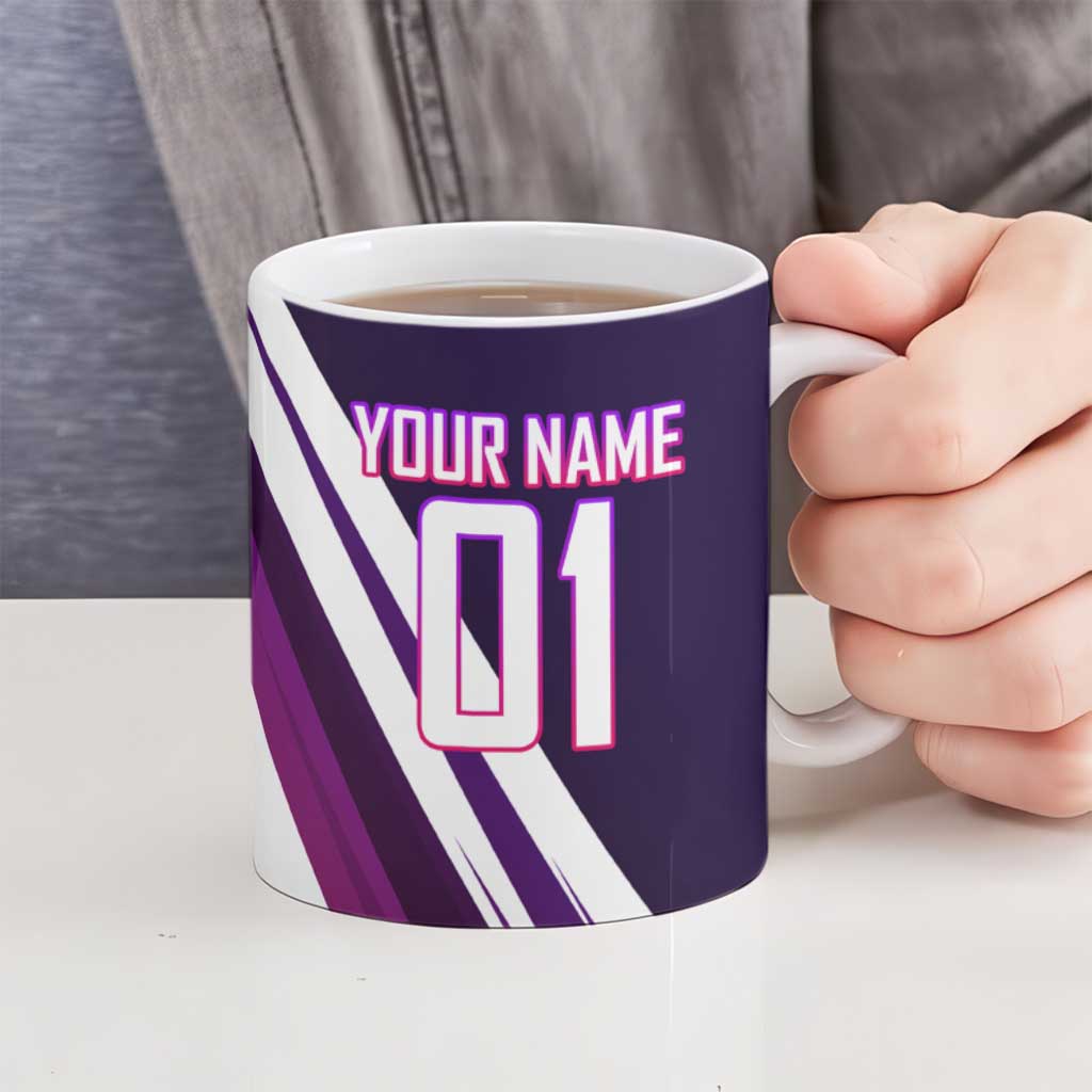 Personalized Garou Monster Volleyball Design Ceramic Mug with Dynamic Pose, Purple and White Diagonal Stripes Featuring One Punch Man Anime Theme
