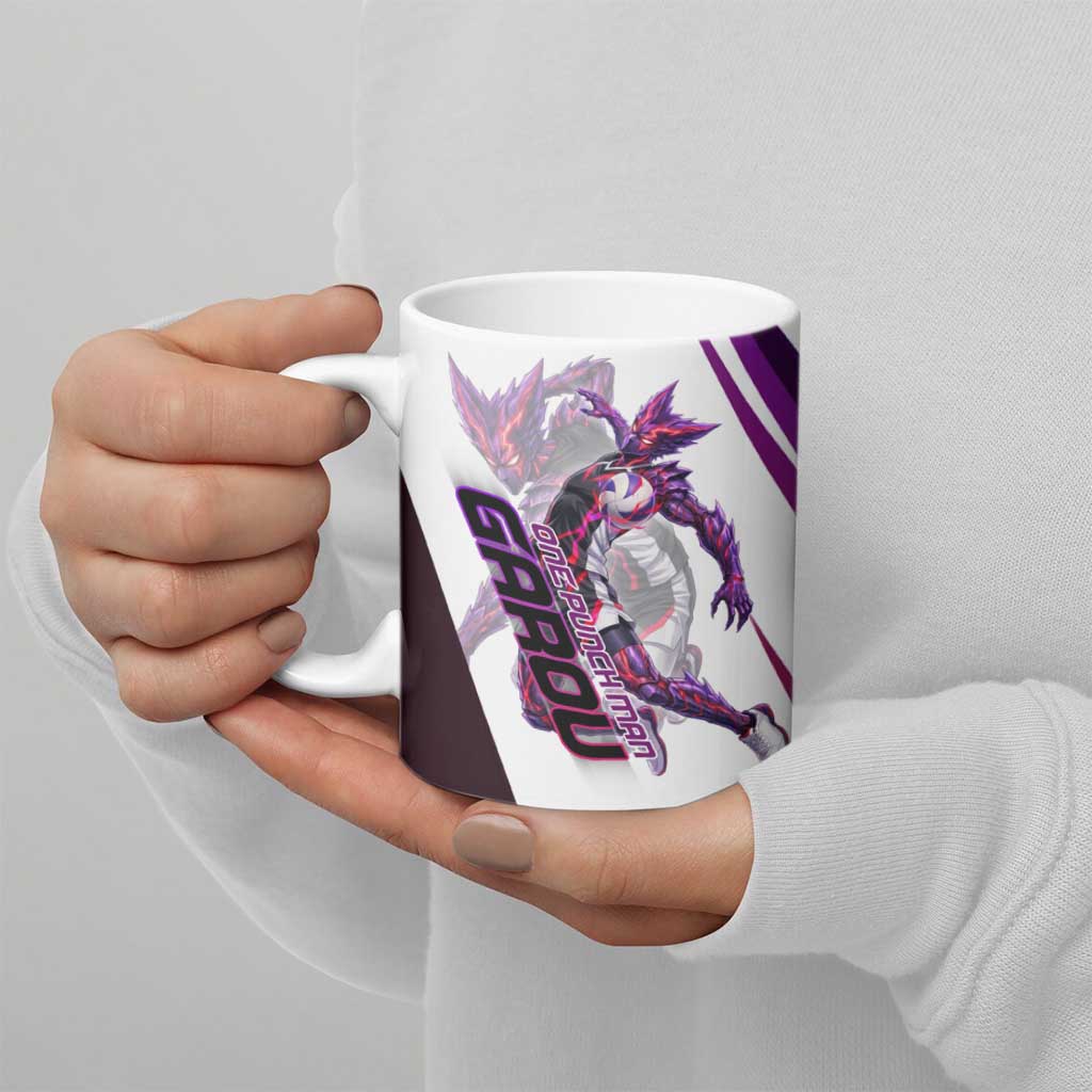 Personalized Garou Monster Volleyball Design Ceramic Mug with Dynamic Pose, Purple and White Diagonal Stripes Featuring One Punch Man Anime Theme