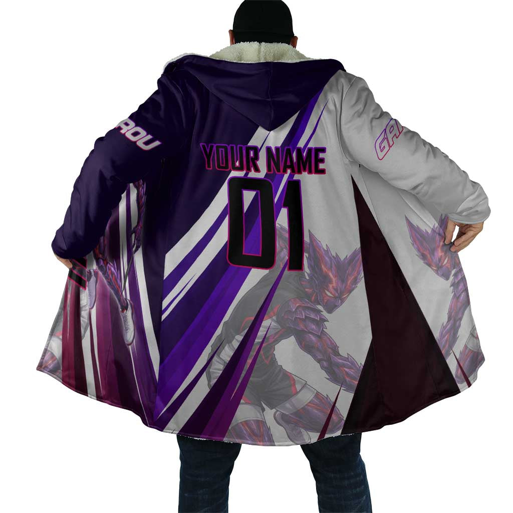Personalized Garou Monster Volleyball Design Cloak with Dynamic Pose, Purple and White Diagonal Stripes Featuring One Punch Man Anime Theme