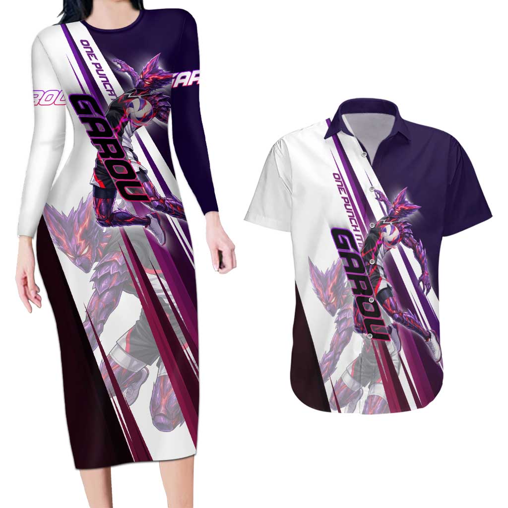 Personalized Garou Monster Volleyball Design Couples Matching Long Sleeve Bodycon Dress and Hawaiian Shirt with Dynamic Pose, Purple and White Diagonal Stripes Featuring One Punch Man Anime Theme
