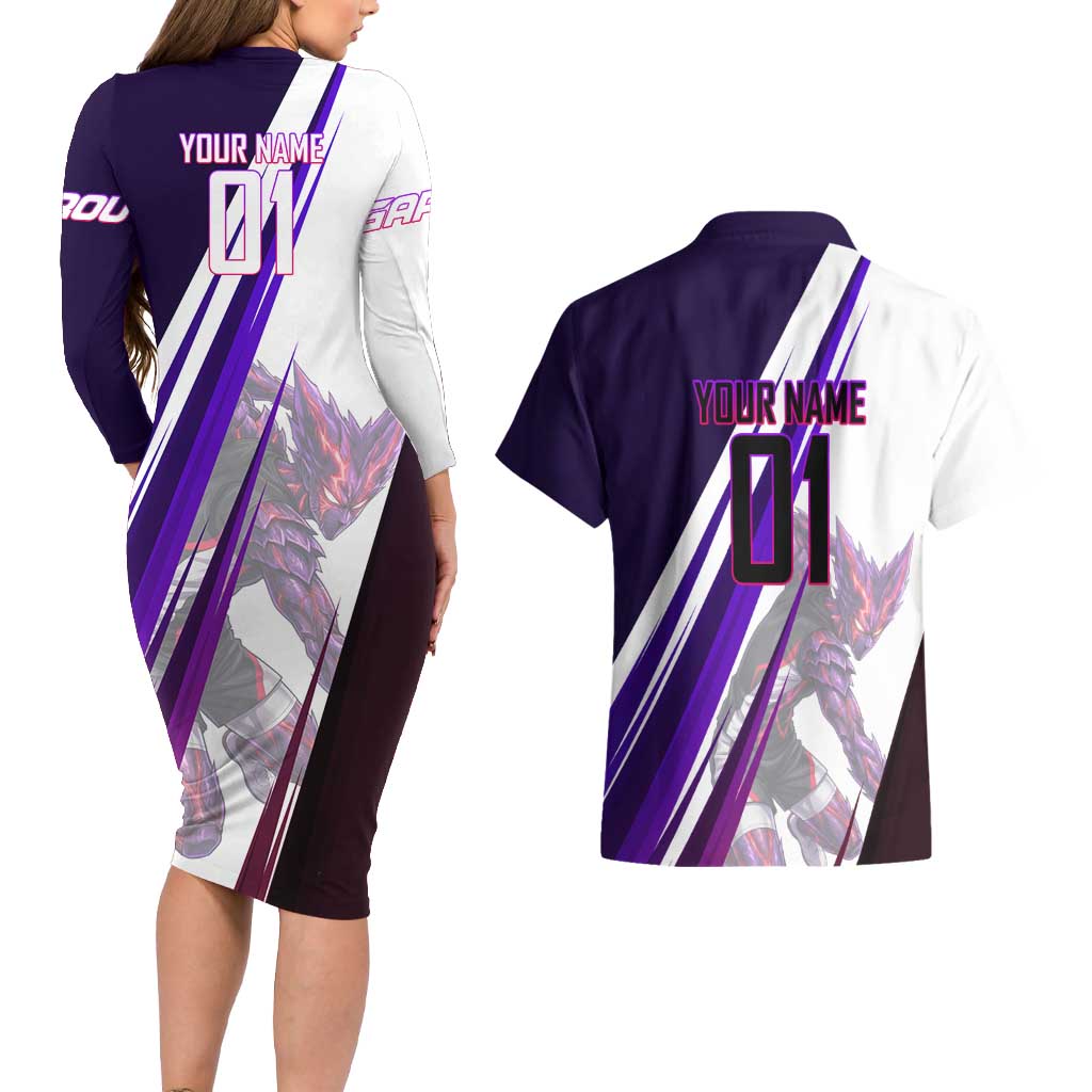Personalized Garou Monster Volleyball Design Couples Matching Long Sleeve Bodycon Dress and Hawaiian Shirt with Dynamic Pose, Purple and White Diagonal Stripes Featuring One Punch Man Anime Theme