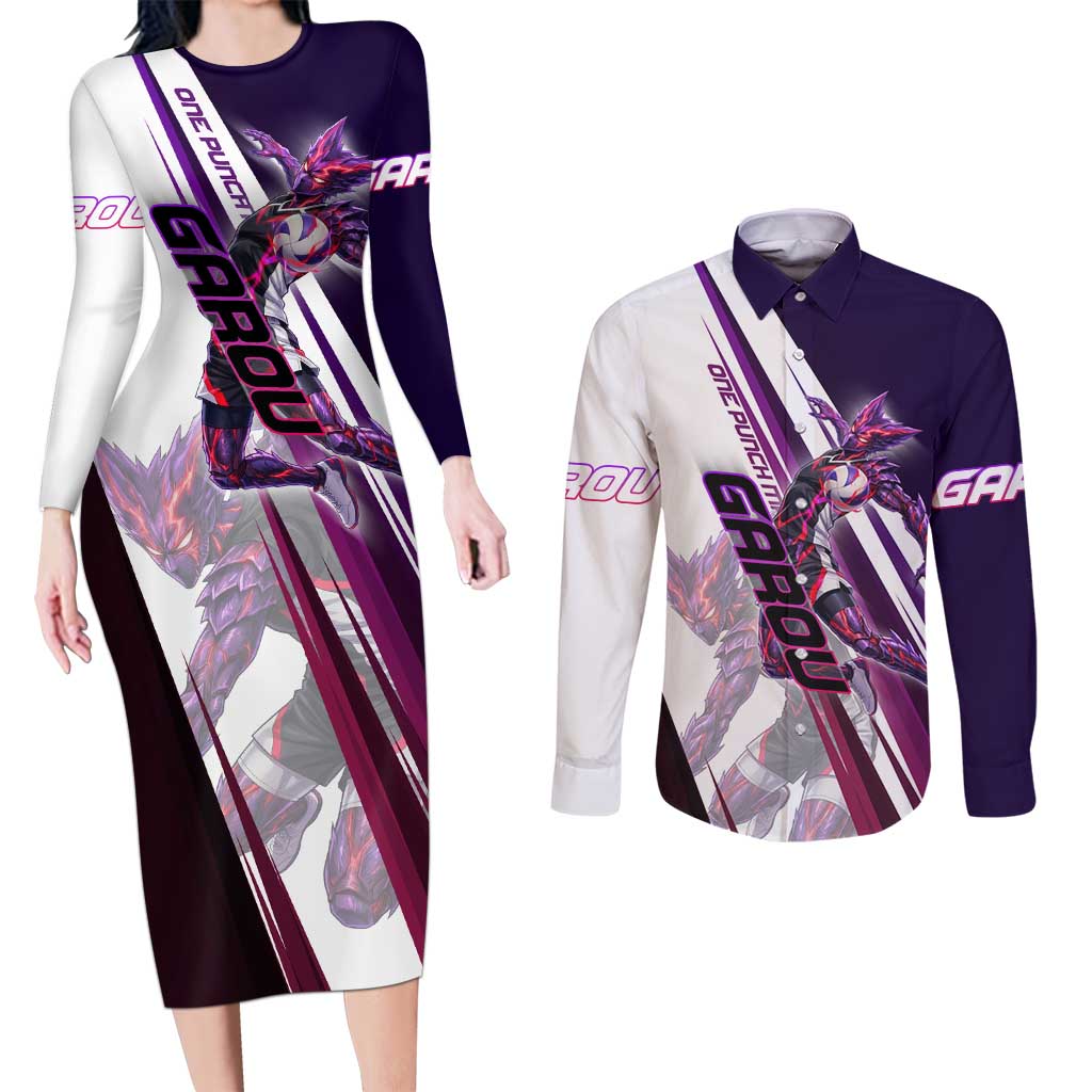 Personalized Garou Monster Volleyball Design Couples Matching Long Sleeve Bodycon Dress and Long Sleeve Button Shirt with Dynamic Pose, Purple and White Diagonal Stripes Featuring One Punch Man Anime Theme