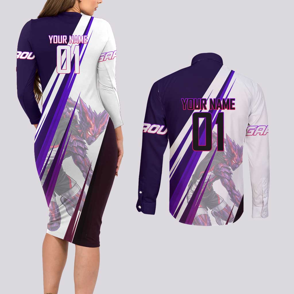 Personalized Garou Monster Volleyball Design Couples Matching Long Sleeve Bodycon Dress and Long Sleeve Button Shirt with Dynamic Pose, Purple and White Diagonal Stripes Featuring One Punch Man Anime Theme