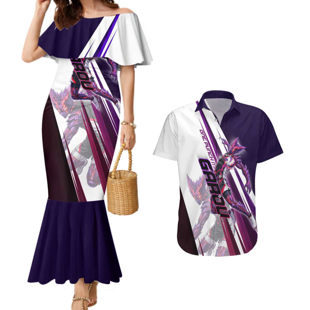 Personalized Garou Monster Volleyball Design Couples Matching Mermaid Dress and Hawaiian Shirt with Dynamic Pose, Purple and White Diagonal Stripes Featuring One Punch Man Anime Theme
