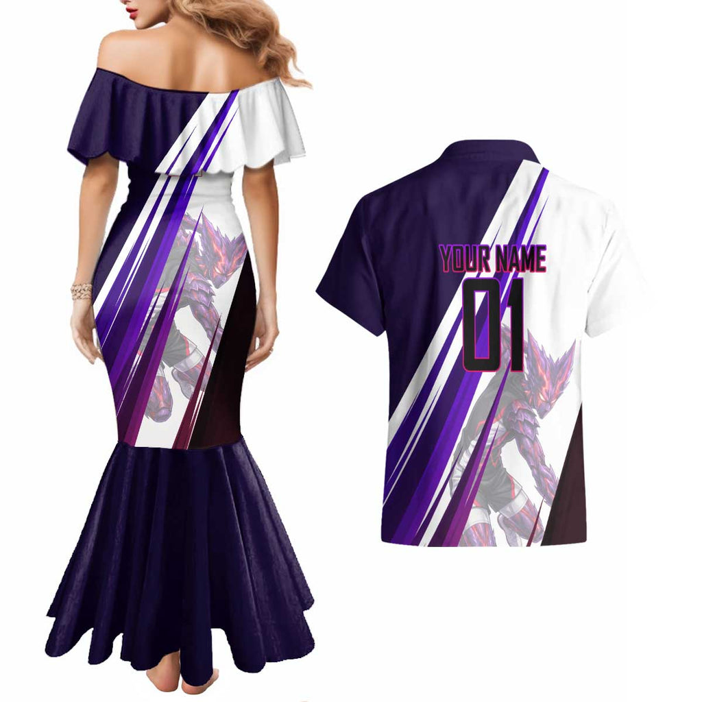 Personalized Garou Monster Volleyball Design Couples Matching Mermaid Dress and Hawaiian Shirt with Dynamic Pose, Purple and White Diagonal Stripes Featuring One Punch Man Anime Theme