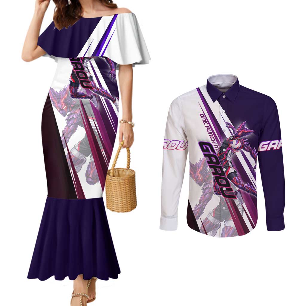 Personalized Garou Monster Volleyball Design Couples Matching Mermaid Dress and Long Sleeve Button Shirt with Dynamic Pose, Purple and White Diagonal Stripes Featuring One Punch Man Anime Theme