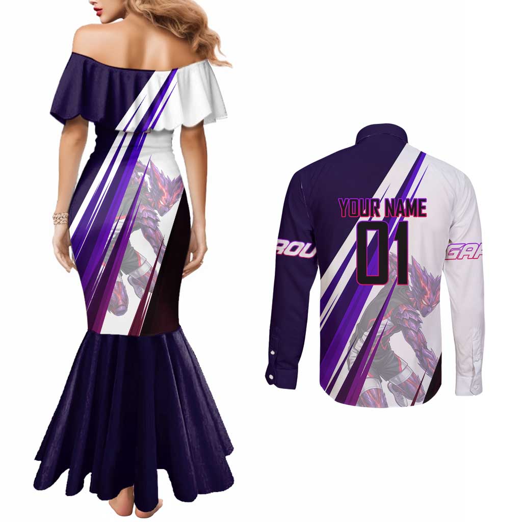 Personalized Garou Monster Volleyball Design Couples Matching Mermaid Dress and Long Sleeve Button Shirt with Dynamic Pose, Purple and White Diagonal Stripes Featuring One Punch Man Anime Theme