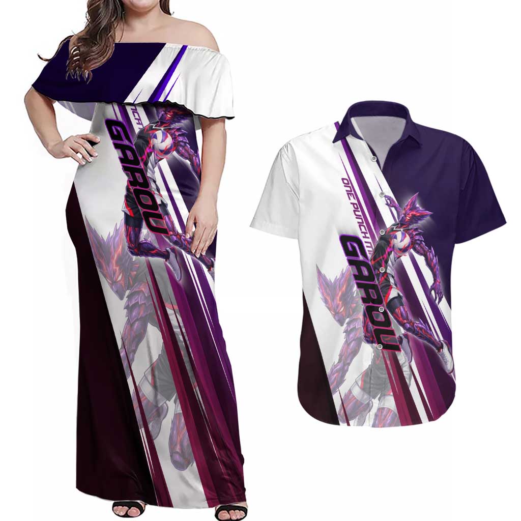 Personalized Garou Monster Volleyball Design Couples Matching Off Shoulder Maxi Dress and Hawaiian Shirt with Dynamic Pose, Purple and White Diagonal Stripes Featuring One Punch Man Anime Theme